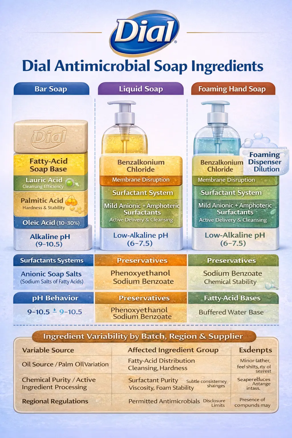 Ingredient-labeled overview of Dial antimicrobial soap formulations, showing antimicrobial actives, fatty-acid soap bases, surfactant systems, preservatives, and pH behavior across bar, liquid, and foaming formats
