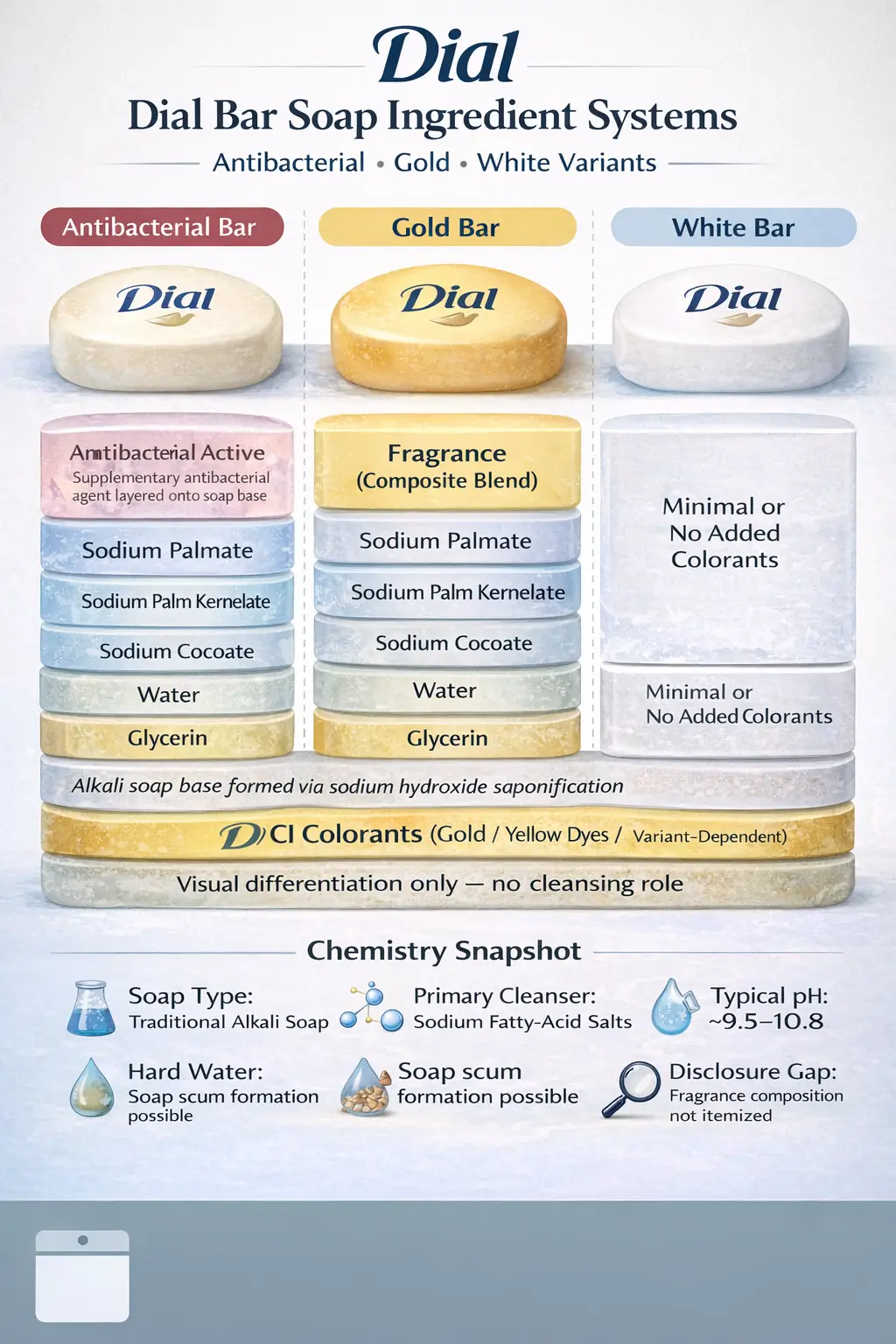 Ingredient-labeled overview of Dial bar soap formulations showing sodium fatty-acid soap base, antibacterial active systems, fragrance blends, colorants, and stabilizing additives