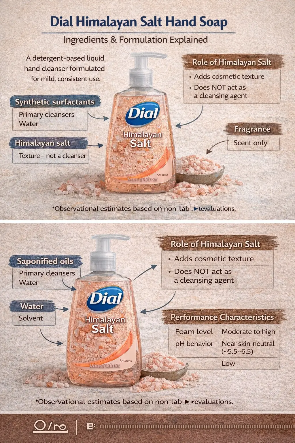Ingredient-labeled infographic of Dial Himalayan Salt Hand Soap showing synthetic surfactants, water base, Himalayan salt as a texture component, fragrance system, and liquid detergent cleansing behavior