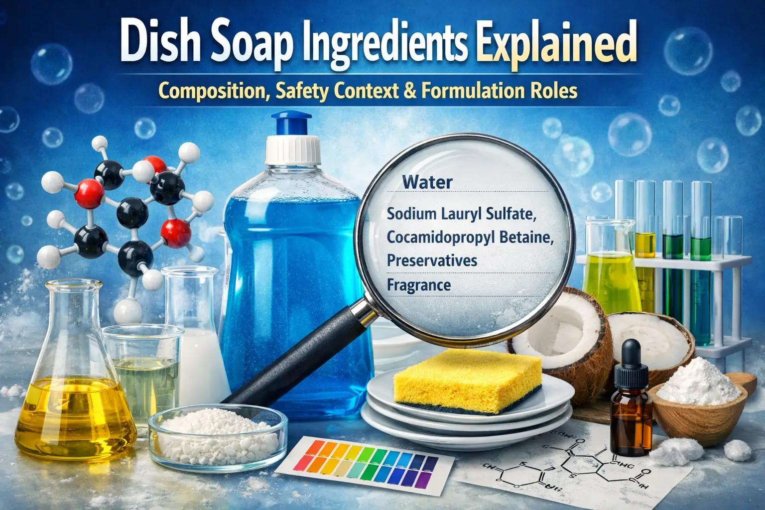 Ingredient-focused evaluation of dish soap formulations showing surfactant systems, liquid structure, and formulation balance