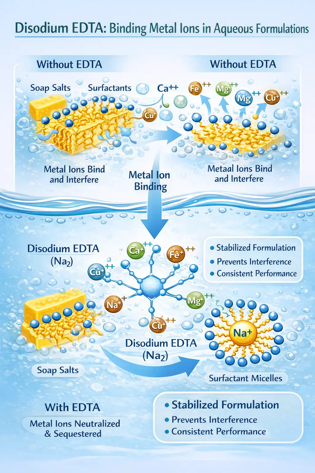 Diagram showing Disodium EDTA binding metal ions in aqueous formulation to prevent interference with surfactant and preservative systems