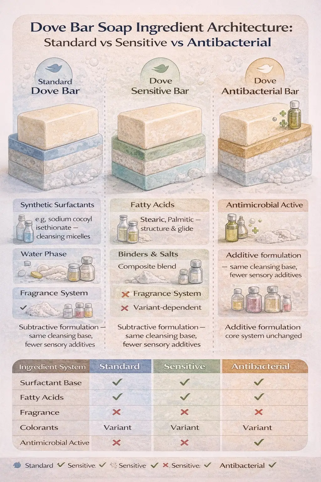 Ingredient architecture comparison of Dove bar soap showing standard, sensitive, and antibacterial variants with identical surfactant and fatty-acid bases and selective removal or addition of fragrance and antimicrobial components