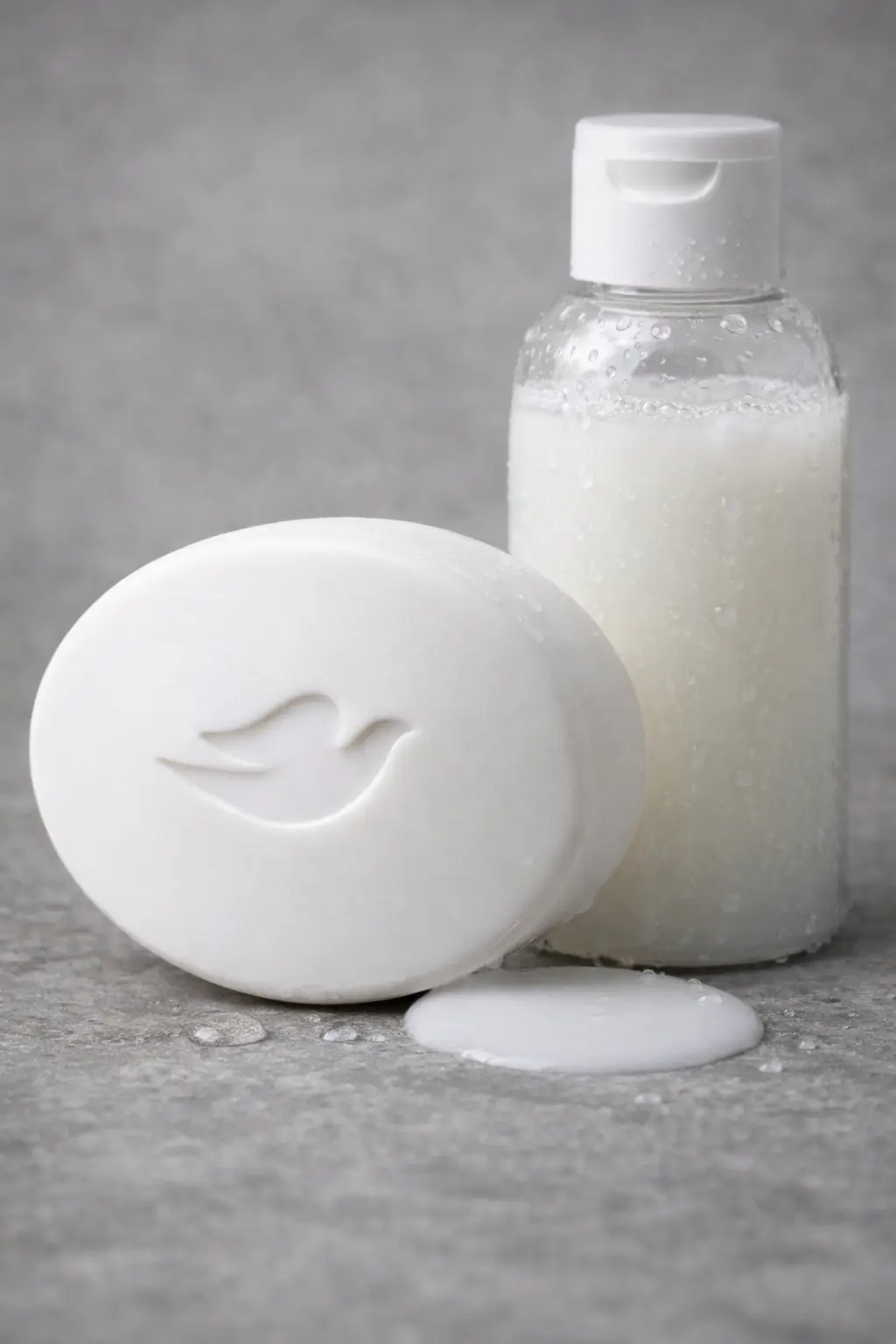 Macro view of mild surfactant-based cleansing bars and liquid formulations illustrating Dove Sensitive Skin ingredient systems