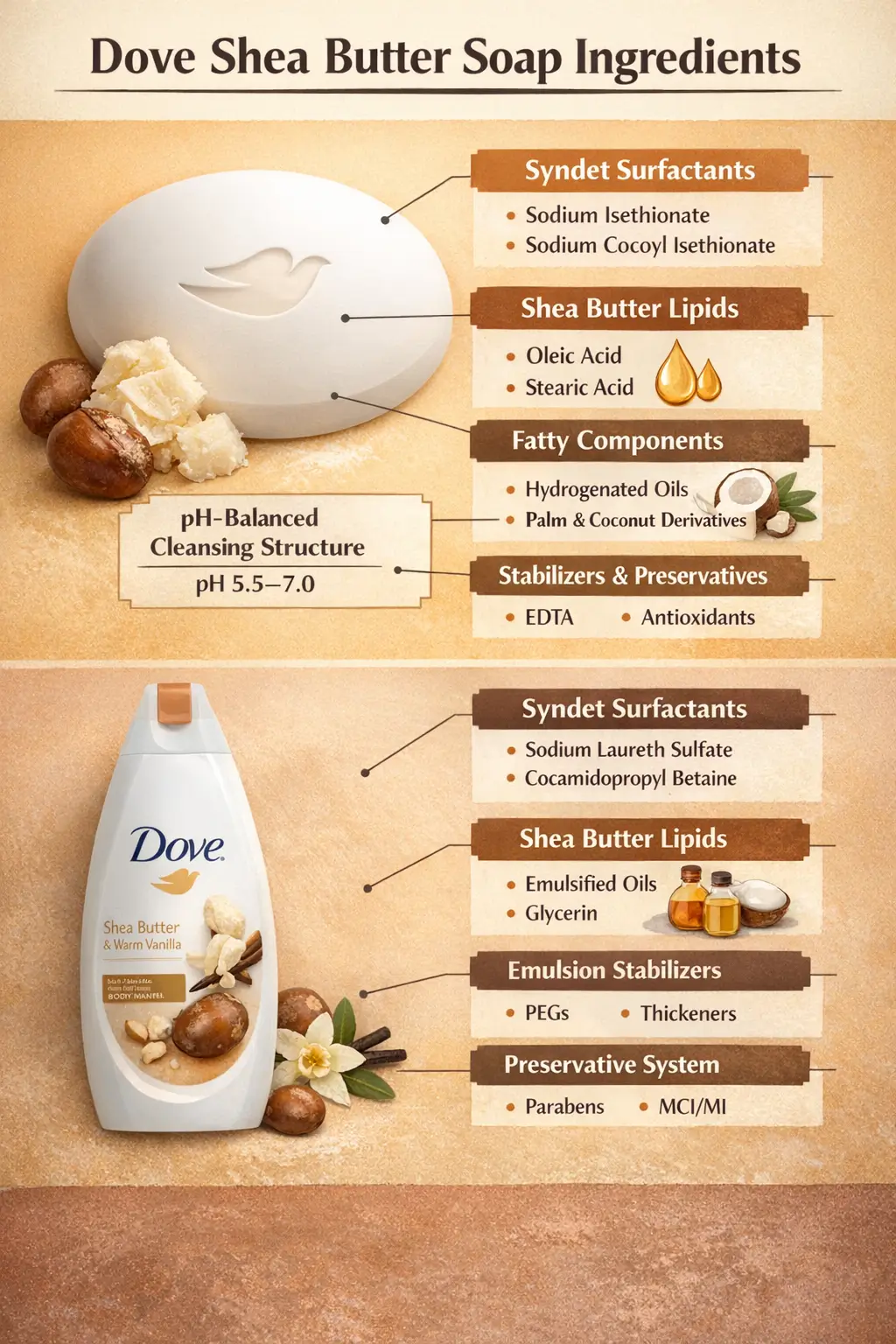 Ingredient-labeled overview of Dove Shea Butter soap showing syndet surfactants, added shea butter lipids, fatty components, stabilizers, and pH-balanced cleansing structure