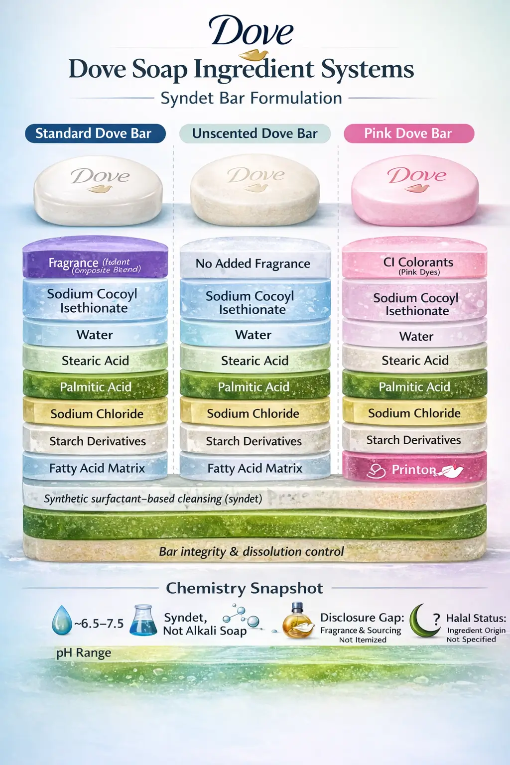 Ingredient-labeled overview of Dove bar soap formulations showing syndet surfactants, fatty acids, water phase, binders, fragrance systems, and stabilizing additives