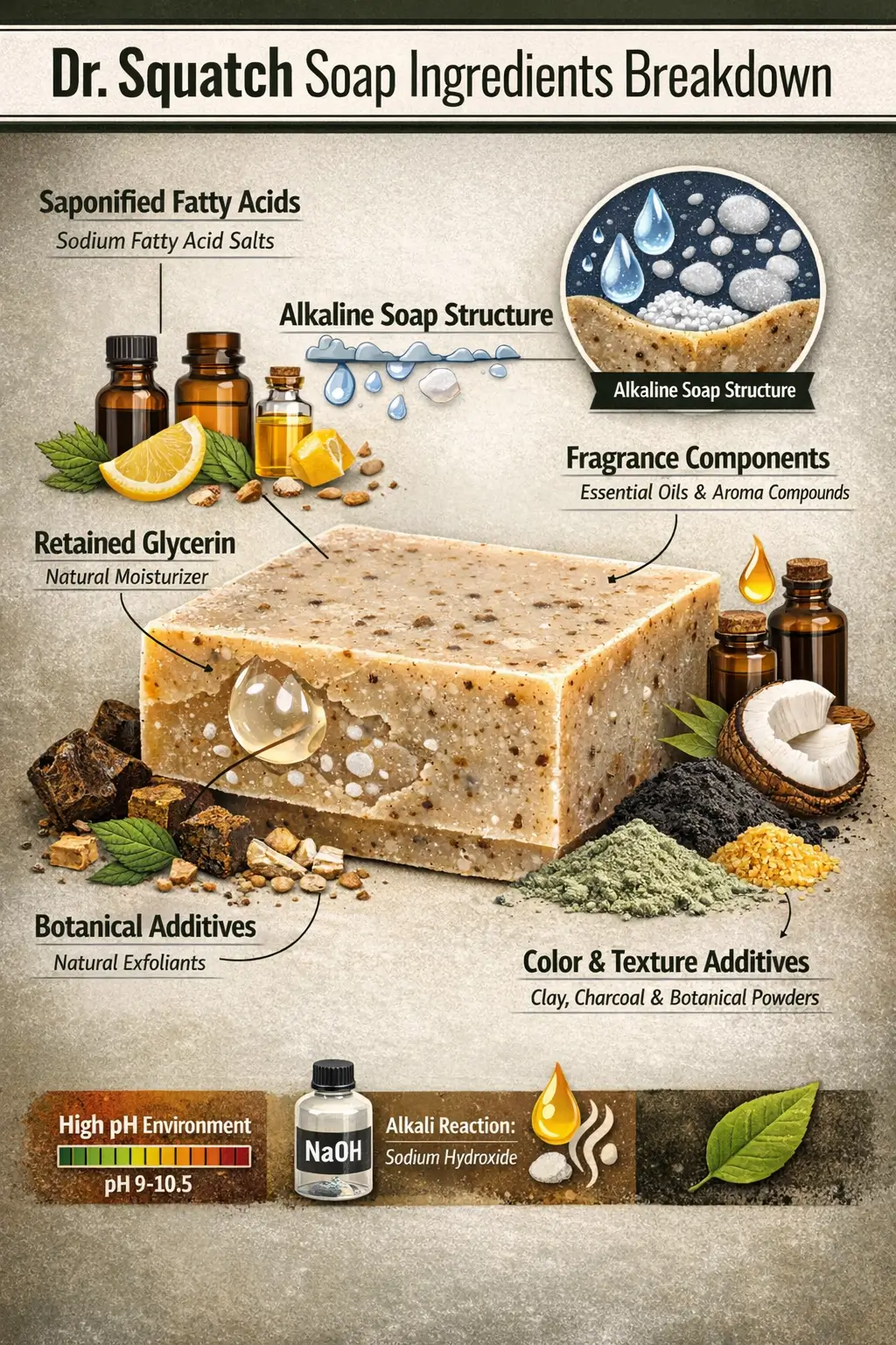 Ingredient-labeled traditional bar soap illustrating saponified fatty acids, glycerin, fragrance components, and botanical additives used in Dr. Squatch soap formulations