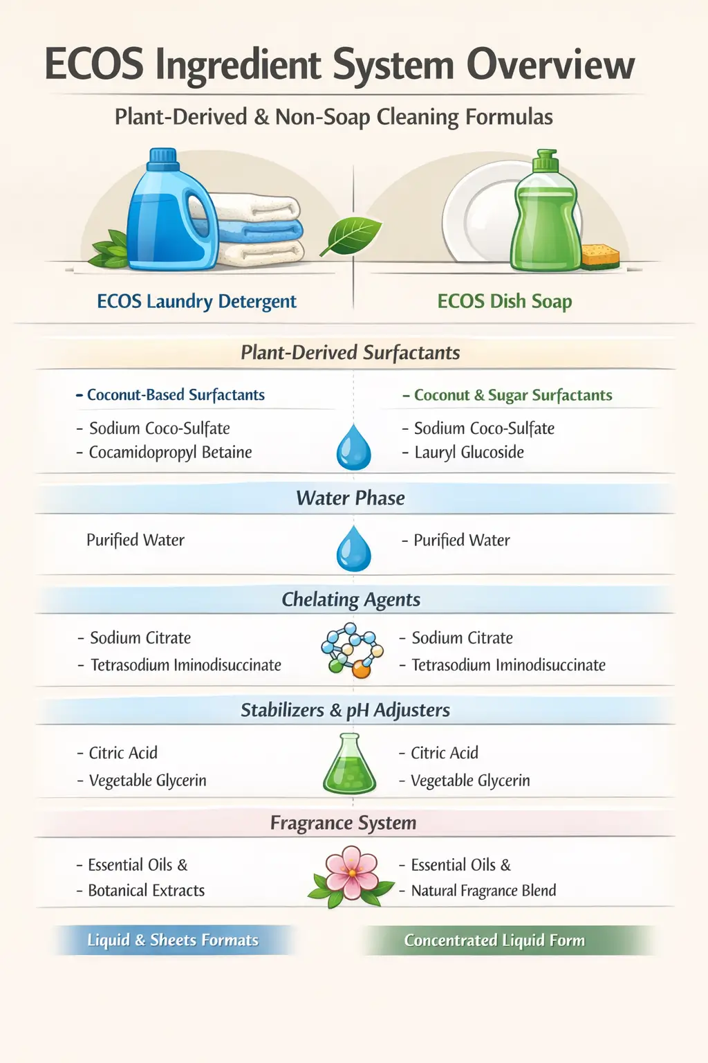 Ingredient system overview of ECOS soap products showing plant-derived surfactants, water phase, chelating agents, stabilizers, and fragrance systems across laundry and dish formulations