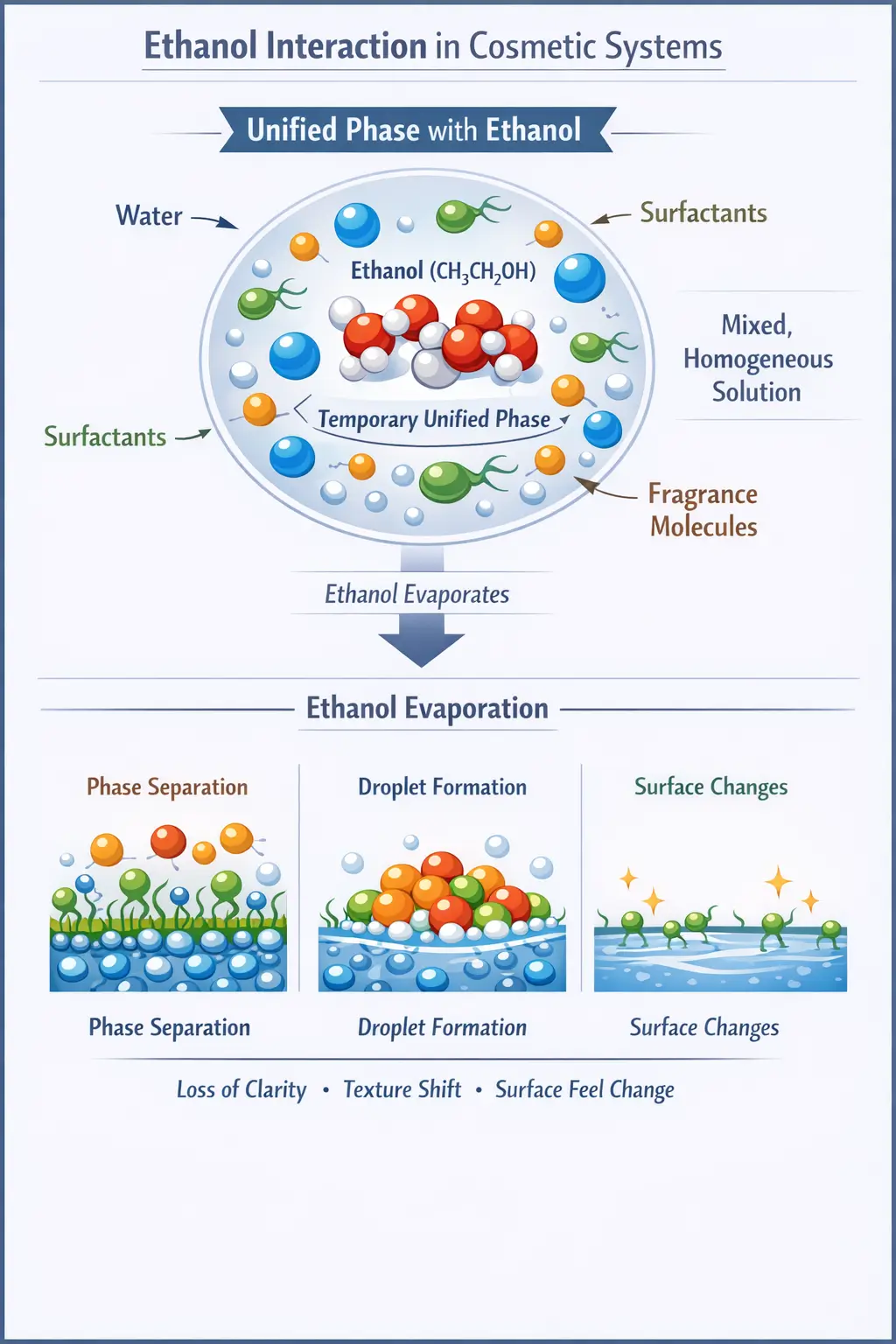 Ethanol interaction with water, surfactants, and fragrance molecules showing solubilization and evaporation behavior
