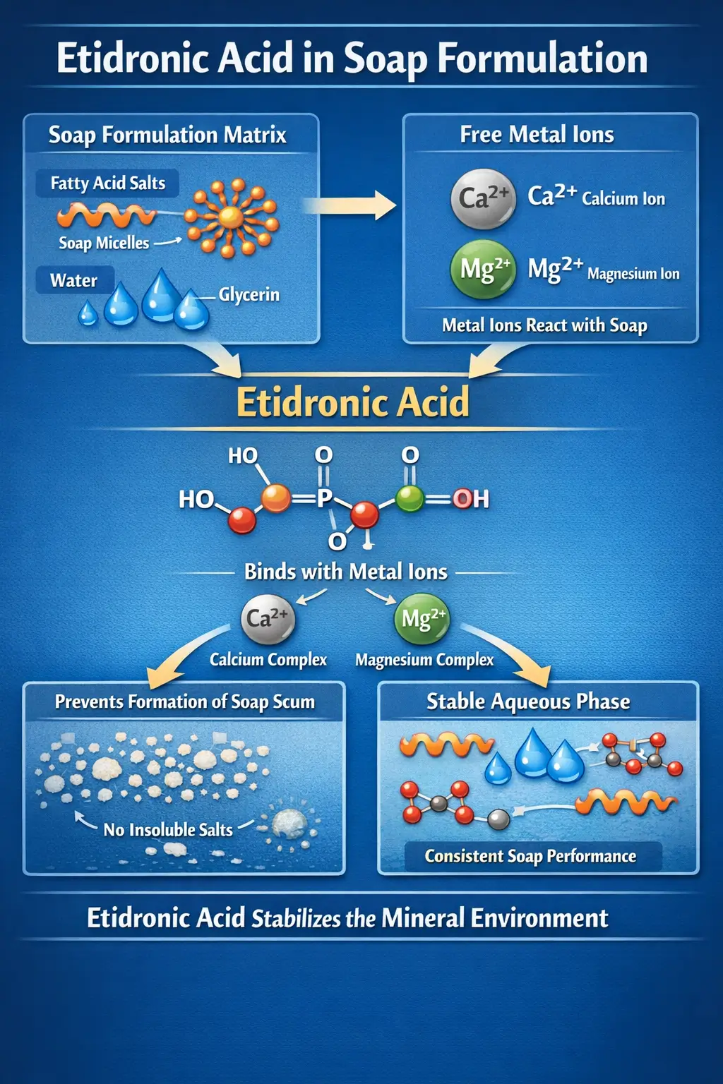 Ingredient interaction diagram showing etidronic acid binding calcium and magnesium ions within a soap formulation matrix containing fatty acid salts, water and glycerin