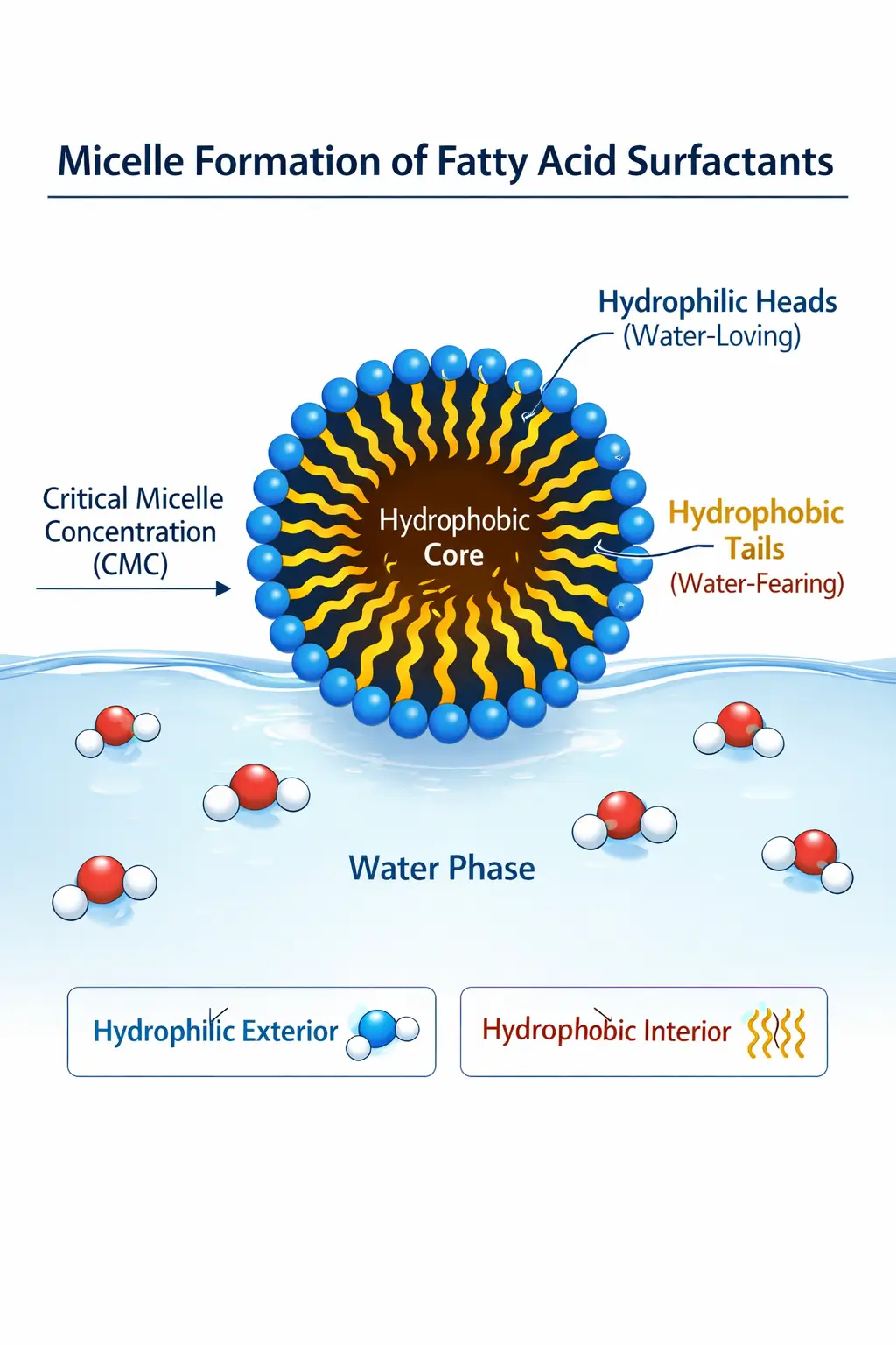 Diagram illustrating micelle formation of fatty acid surfactants with hydrophobic chains forming an internal core and hydrophilic heads facing water