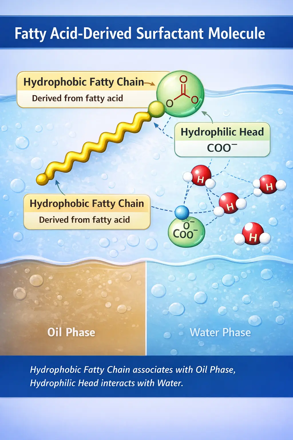 Structural diagram showing fatty acid derived surfactant molecule with hydrophobic fatty chain and hydrophilic head interacting with water