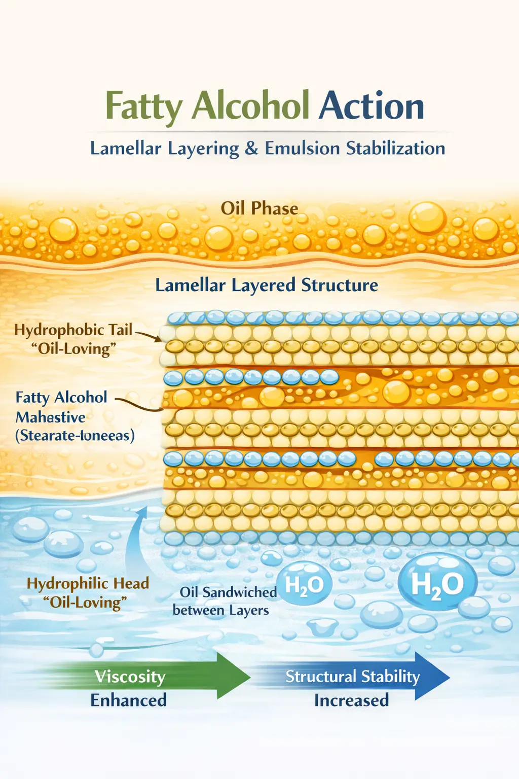Diagram showing fatty alcohol molecules forming lamellar layered structures within an emulsion, stabilizing oil and water phases