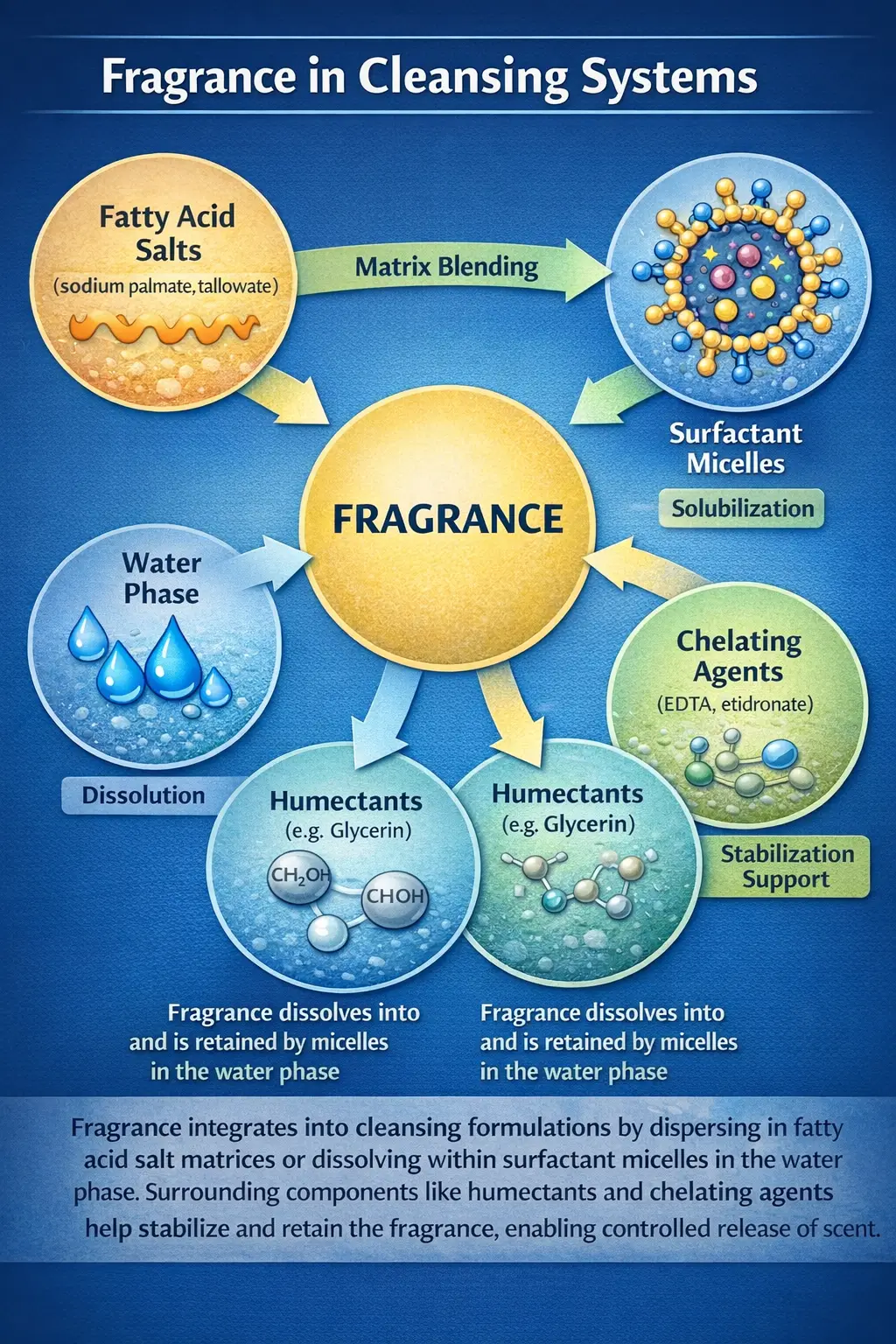 Ingredient interaction diagram showing fragrance molecules dispersed within a soap formulation matrix interacting with surfactant micelles, fatty acid salts and the water phase