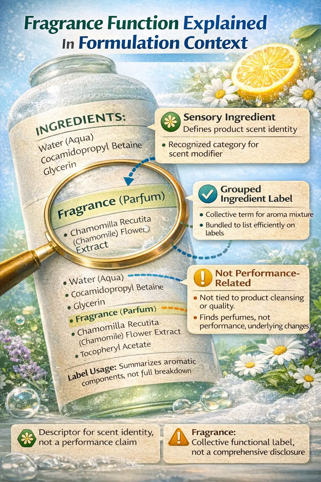 Ingredient label showing fragrance listed as a functional component within formulation context