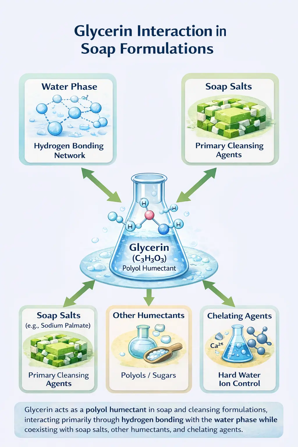 Infographic diagram showing glycerin functioning as a polyol humectant within soap and cleansing formulations, interacting with the water phase through hydrogen bonding while coexisting with soap salts, other humectants, and chelating agents in the formulation system