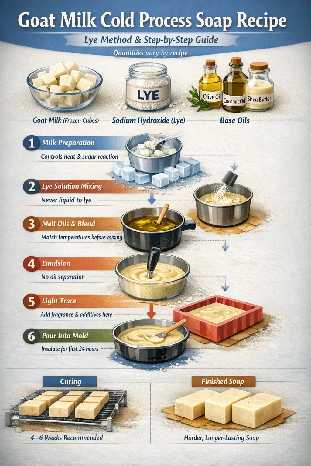 Step-by-step flow diagram of goat milk cold process soap recipe showing frozen goat milk preparation, sodium hydroxide lye mixing, oil blending, emulsion, light trace stage, molding, and curing into finished soap bars