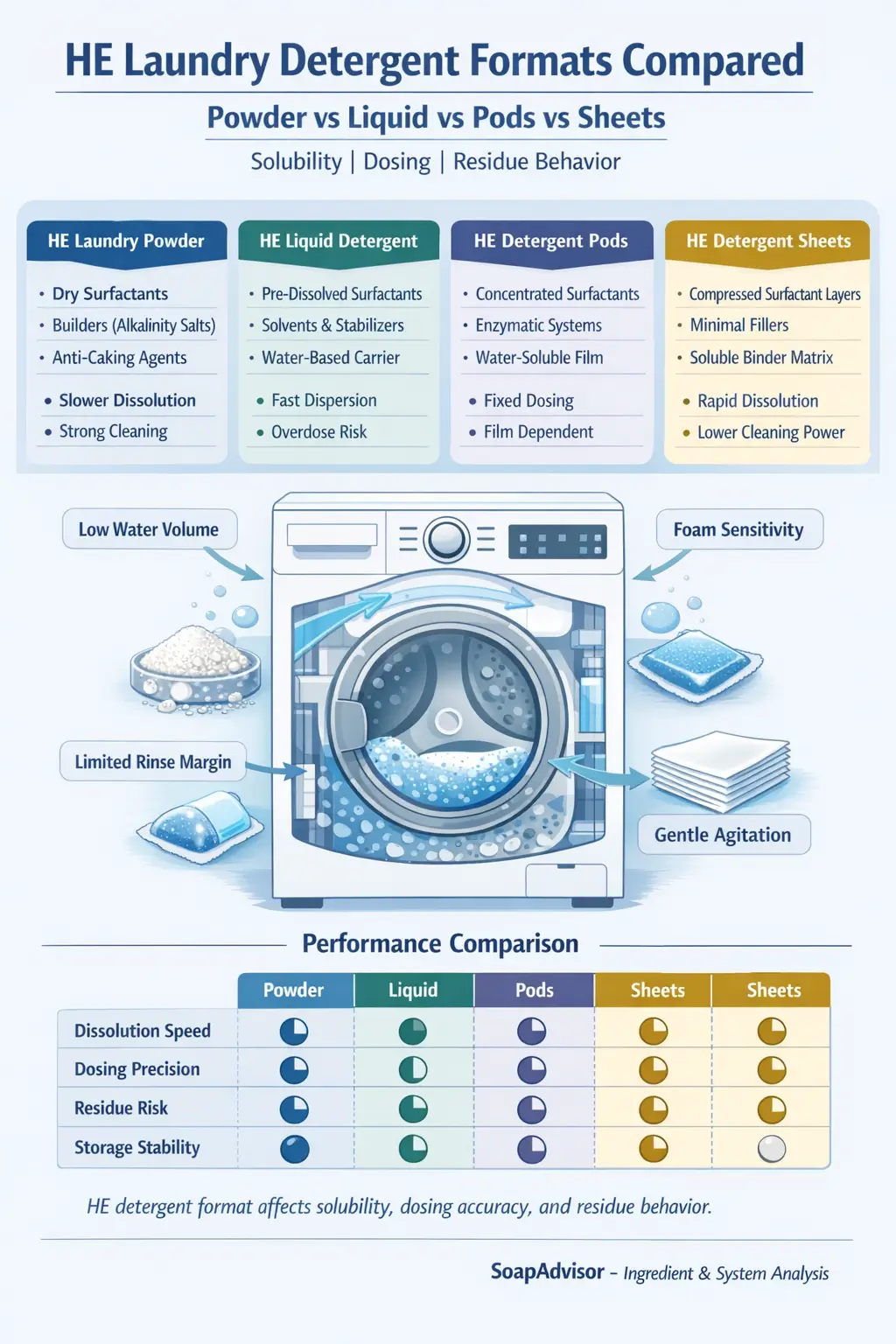 Infographic comparing HE laundry detergent formats including powder, liquid, pods, and sheets, showing ingredient systems, solubility differences, dosing behavior, and residue risk in high-efficiency washing machines