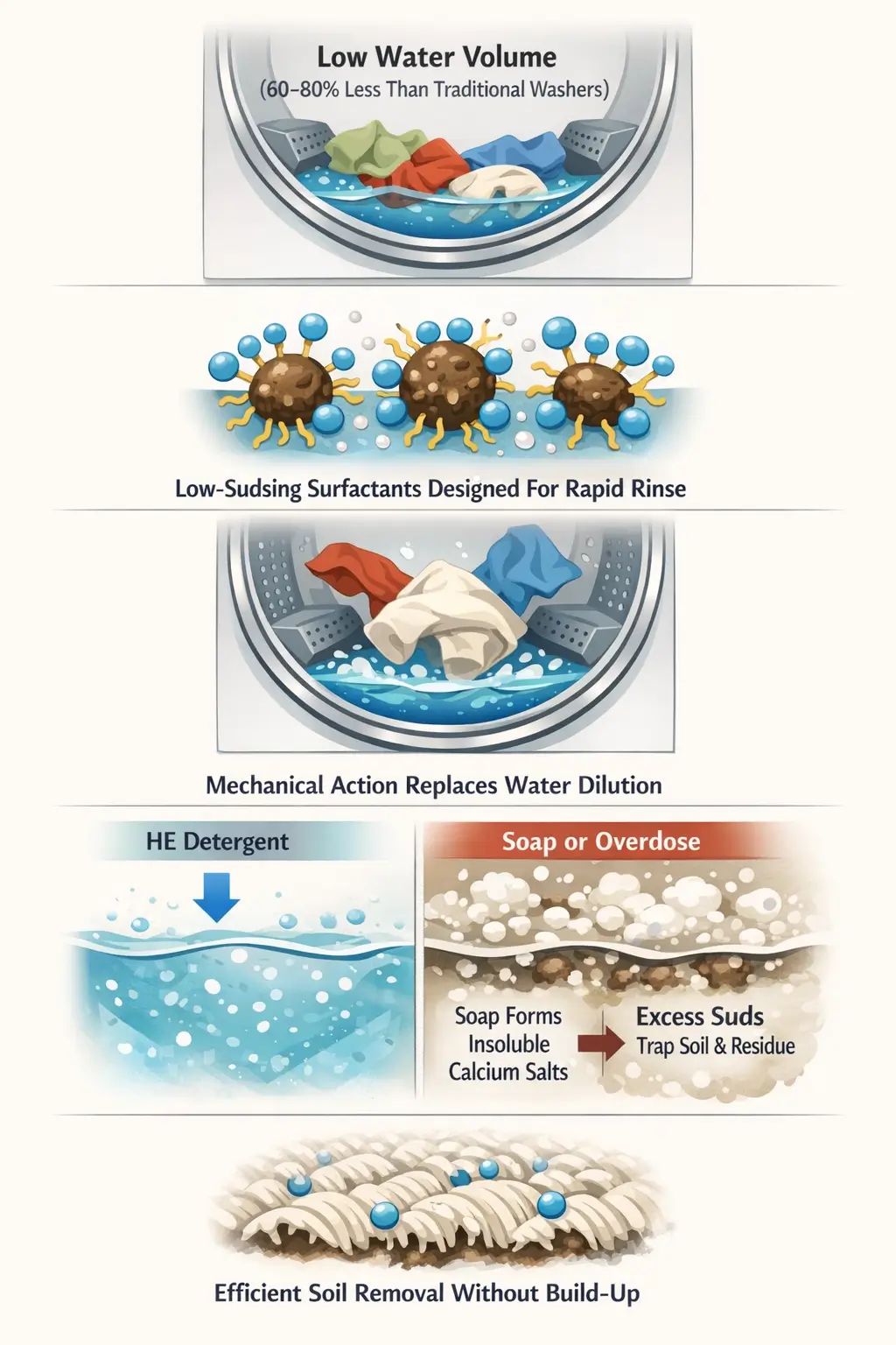 Diagram showing how HE laundry detergent cleans using low water volume, mechanical drum action, low-sudsing surfactants, and controlled soil suspension