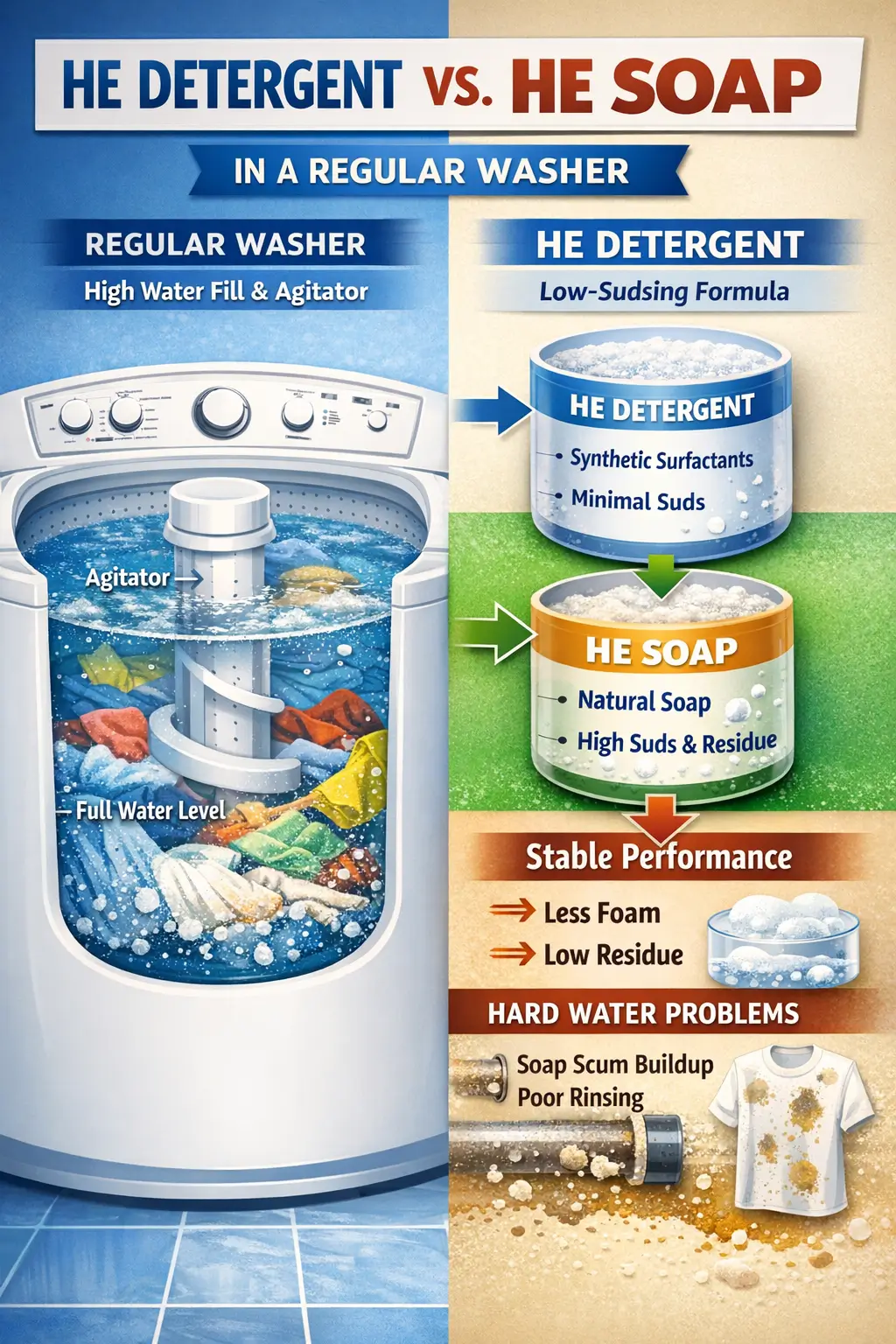 Top-load regular washing machine with high water level and central agitator contrasted against low-water HE detergent behavior