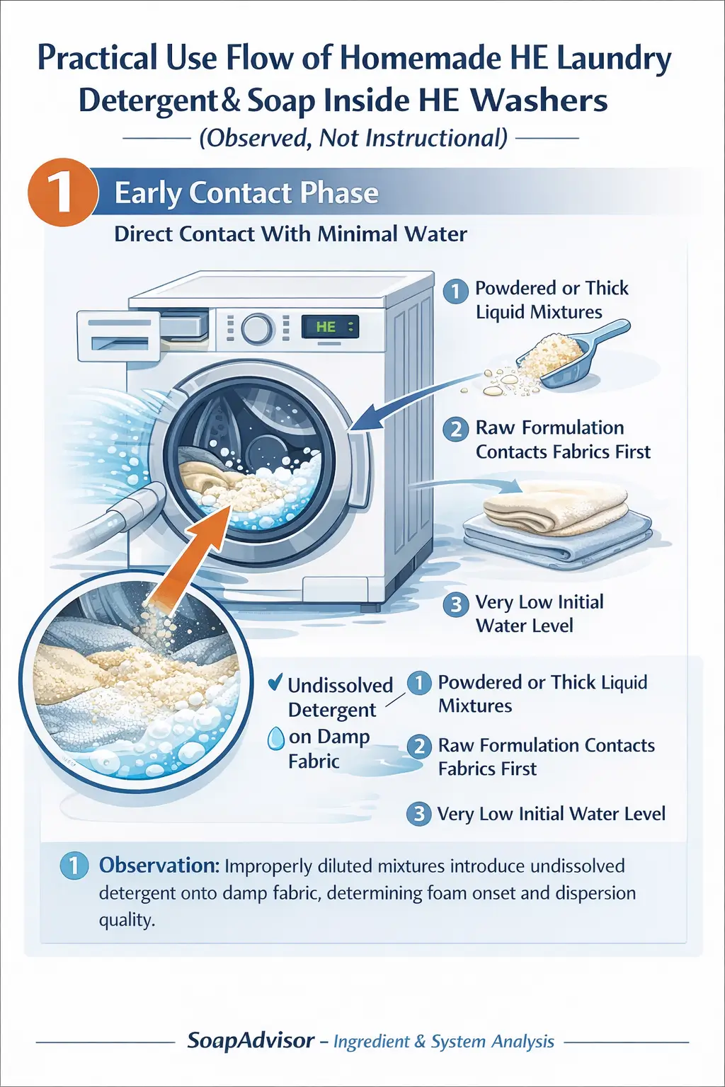 Dry powdered homemade laundry detergent entering an HE washer drum with minimal water present