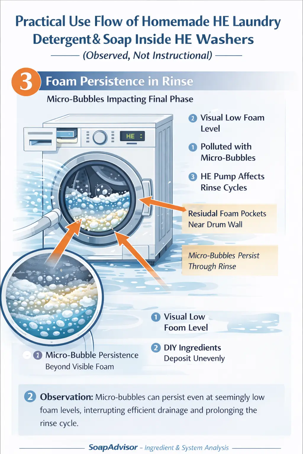 Persistent foam pockets visible near the drum wall during HE rinse cycle
