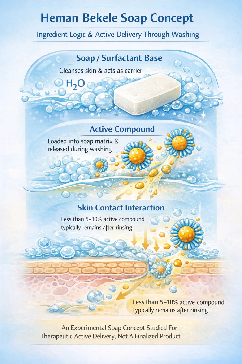 Conceptual illustration of a therapeutic soap formulation showing active compound delivery, surfactant base, and skin contact interaction in a research context