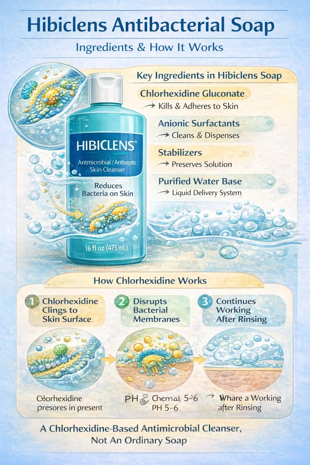 Ingredient-level overview of Hibiclens antibacterial soap highlighting chlorhexidine gluconate antimicrobial system and liquid cleanser base