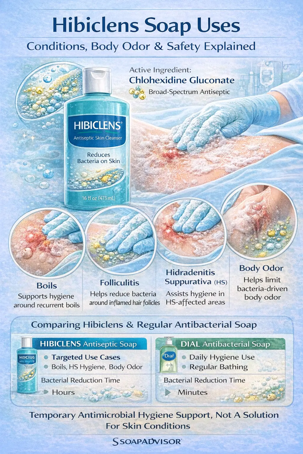 Use-case overview of Hibiclens soap for bacterial skin hygiene including boils, folliculitis, and odor-related cleansing