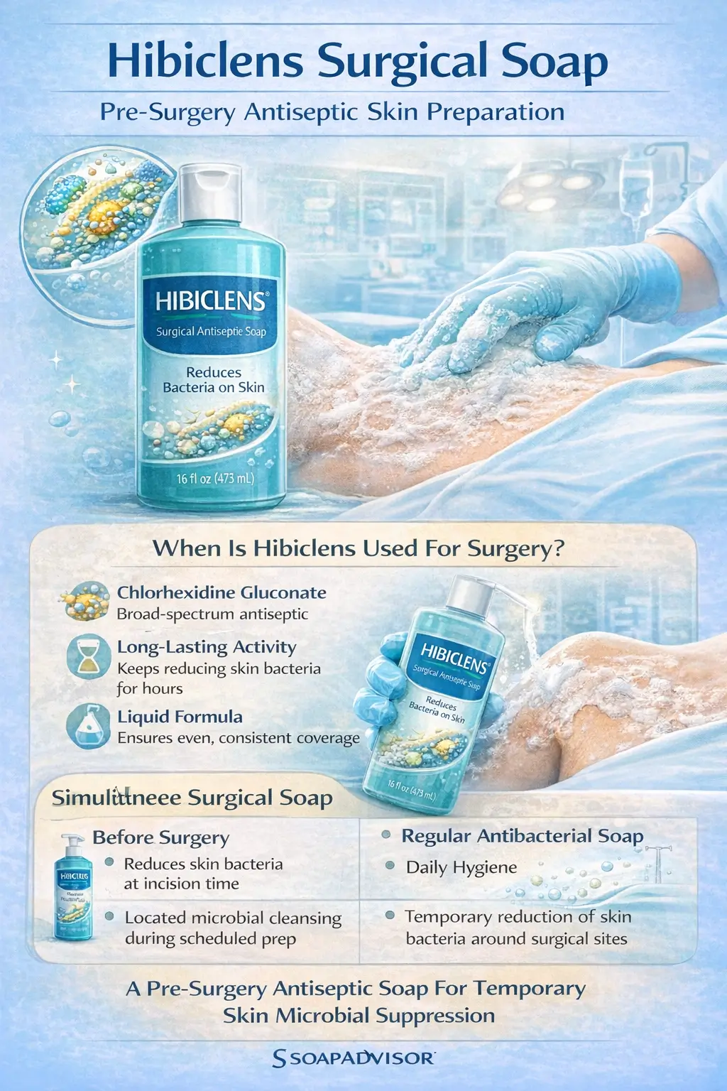 Pre-surgery skin preparation using Hibiclens surgical soap highlighting chlorhexidine-based antiseptic cleansing