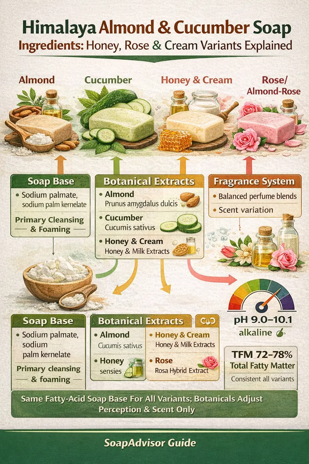 Ingredient-labeled overview of Himalaya Almond, Cucumber, Honey & Cream, and Rose soap variants highlighting soap base, botanical extracts, fragrance systems, and pH-TFM indicators