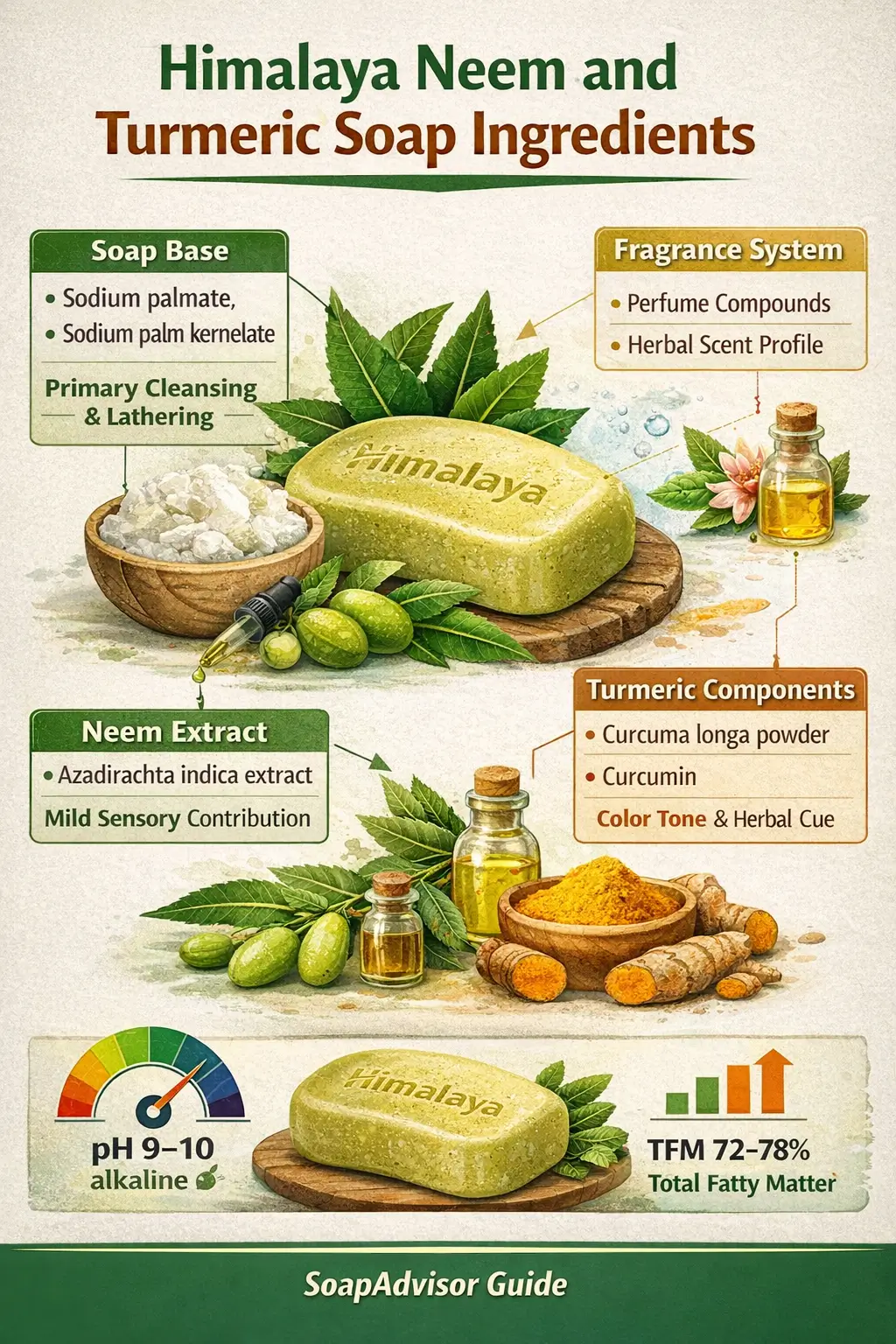 Ingredient-labeled infographic of Himalaya Neem and Turmeric Soap showing soap base, neem extract, turmeric components, fragrance system, and pH-TFM indicators