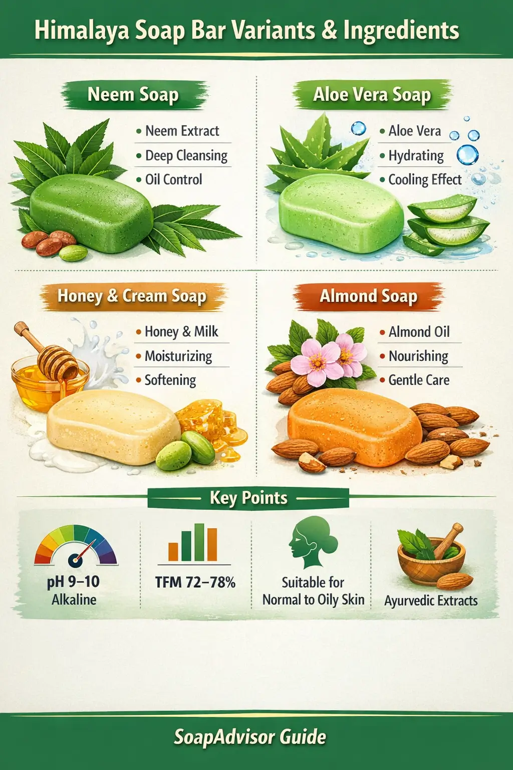 Himalaya soap bar variants illustrating neem, aloe, honey, and herbal formulations used in the Himalaya soap brand range