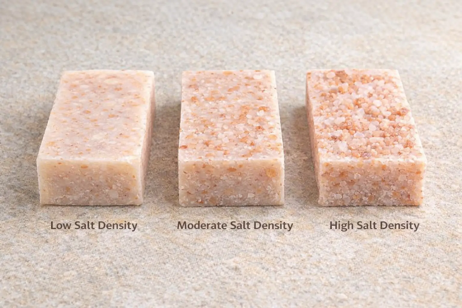 Comparison of Himalayan healing soap bars showing low, moderate, and high Himalayan salt crystal density and surface texture across different formulations