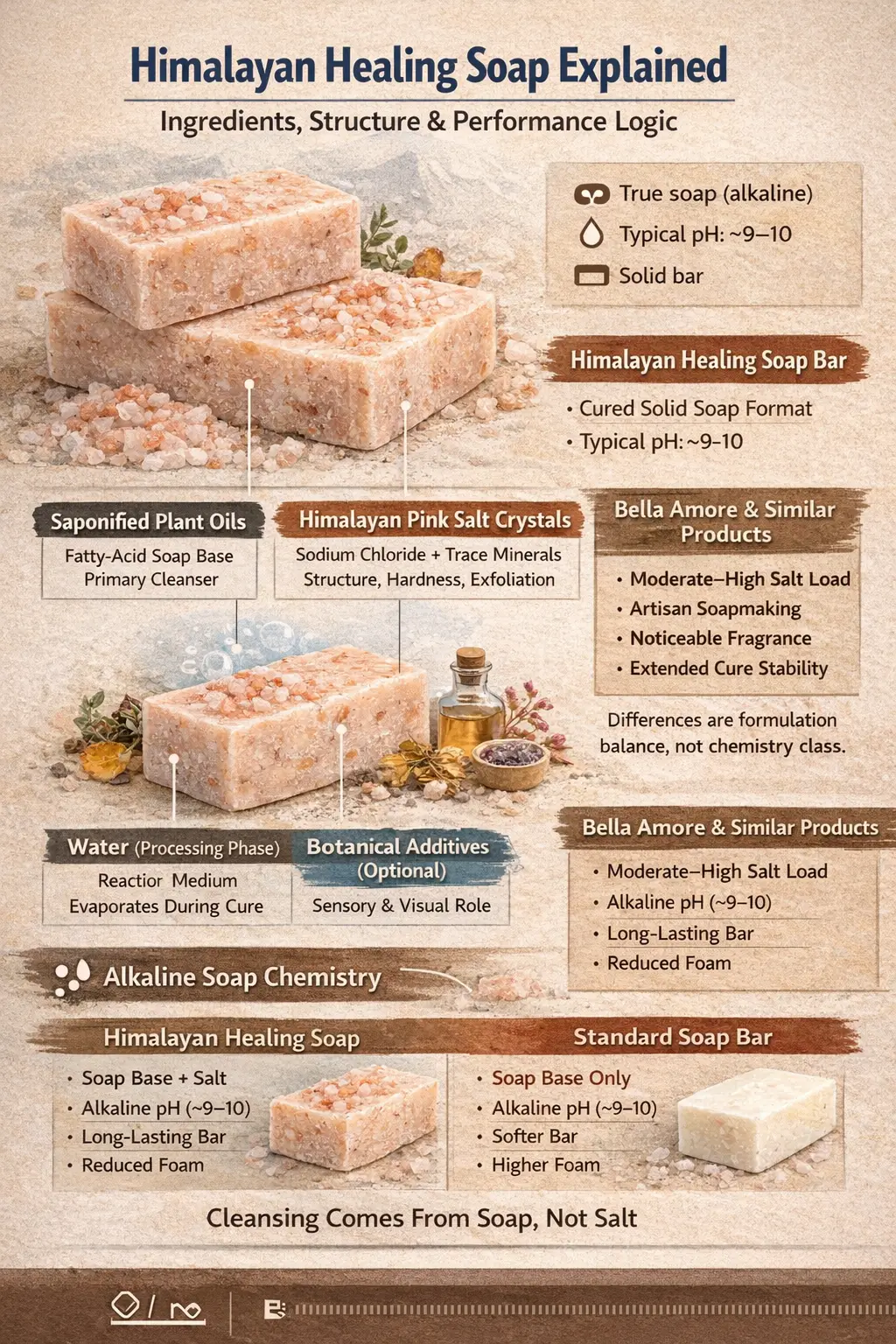 Mineral-rich Himalayan healing soap bars showing pink salt crystals embedded in a cured soap base with botanical inclusions