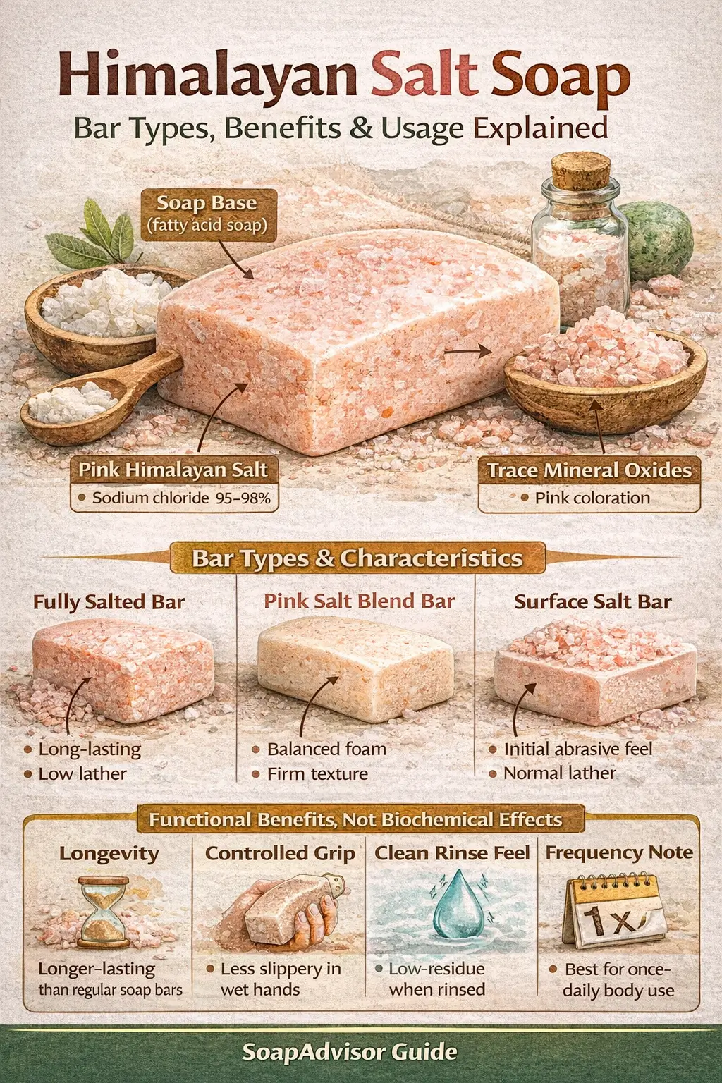 Himalayan salt soap bar showing pink salt crystals embedded in a dense soap base