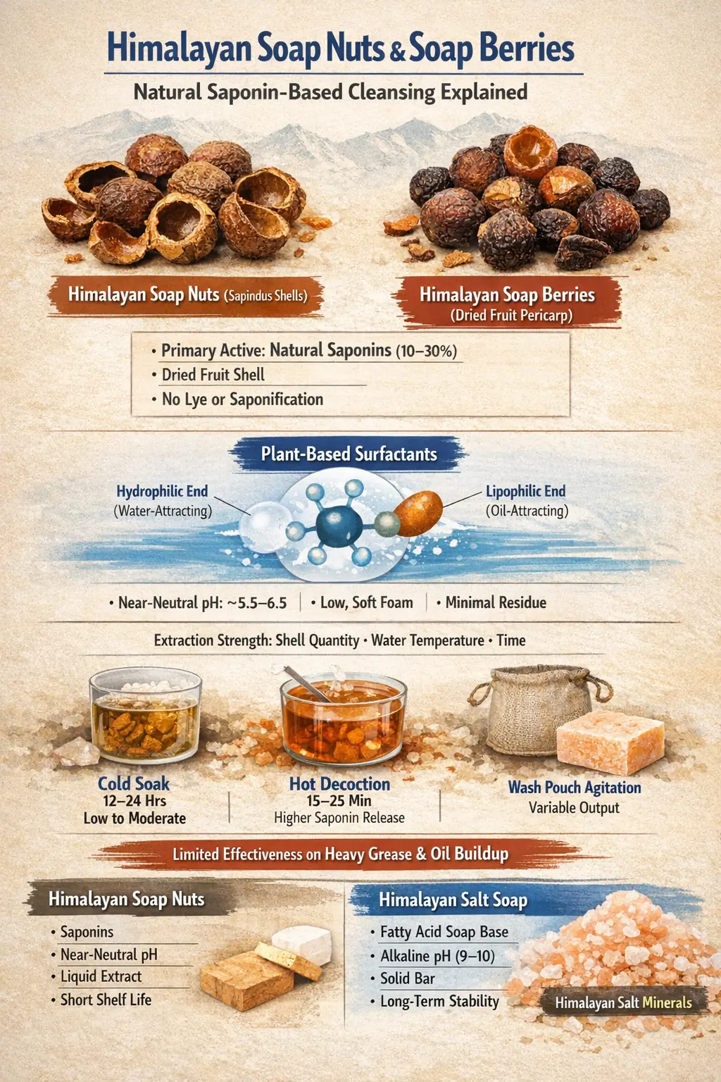 Ingredient-labeled infographic showing Himalayan soap nuts and soap berries with natural saponins, shell structure, water extraction process, pH behavior, and comparison with Himalayan salt soap minerals