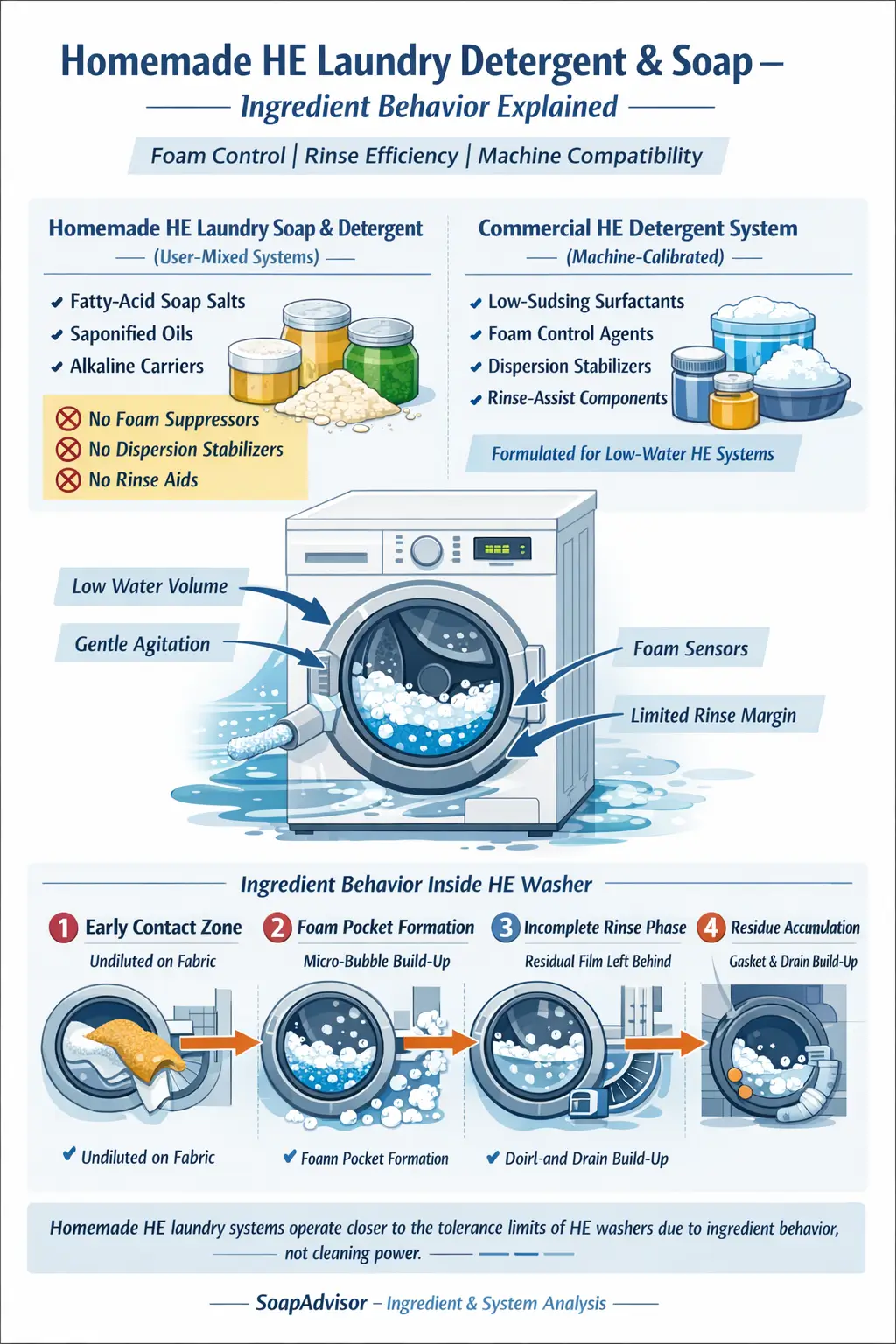 Homemade HE laundry detergent concept showing powdered and liquid mixtures contrasted against controlled low-suds detergent behavior in front-load washing machines