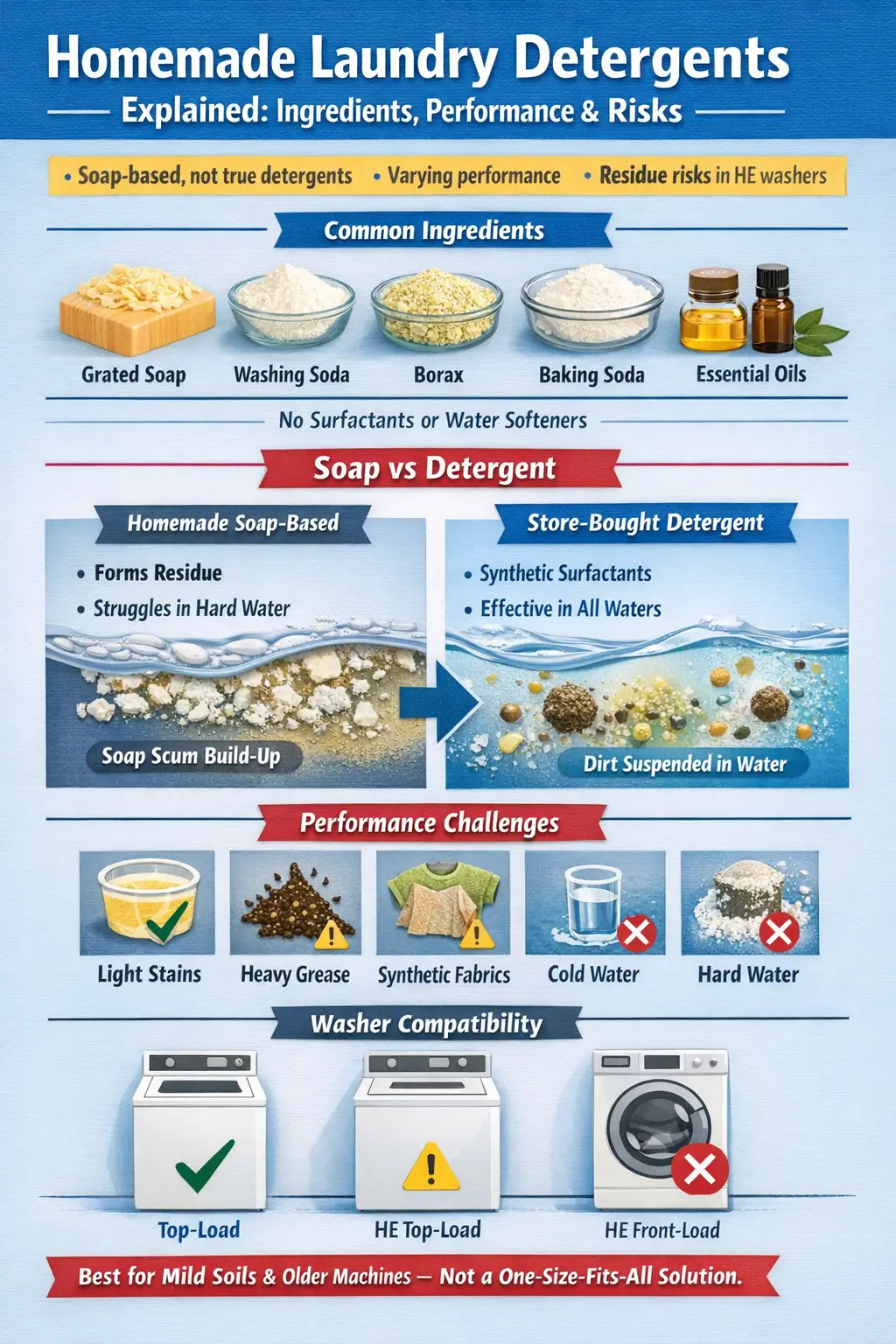 Comparison of soap-based and detergent-based homemade laundry detergent systems showing residue behavior, cleaning action, and washer compatibility