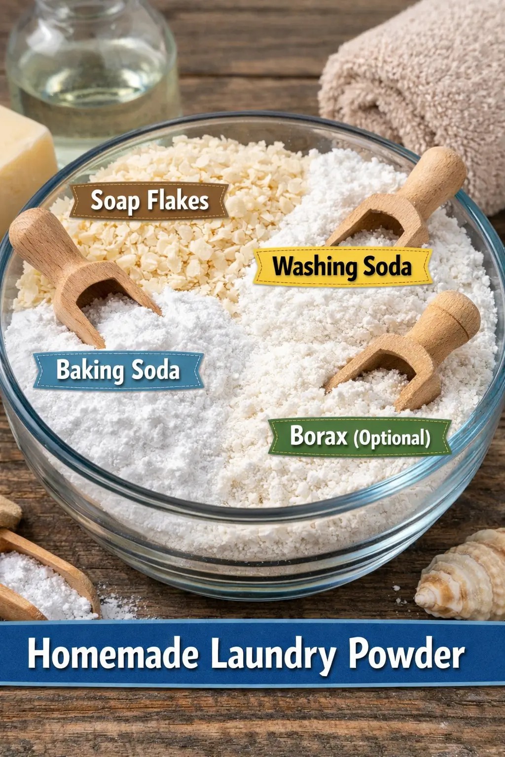 Ingredient-labeled homemade laundry powder showing soap particles, washing soda, baking soda, and optional borax in a dry detergent system