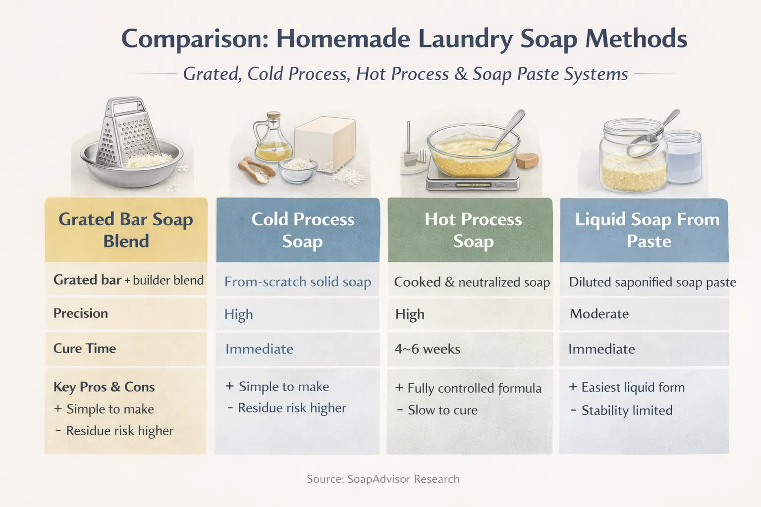 Comparison infographic of homemade laundry soap methods showing grated bar soap blend, cold process soap, hot process soap, and liquid soap from paste with differences in precision, cure time, and performance