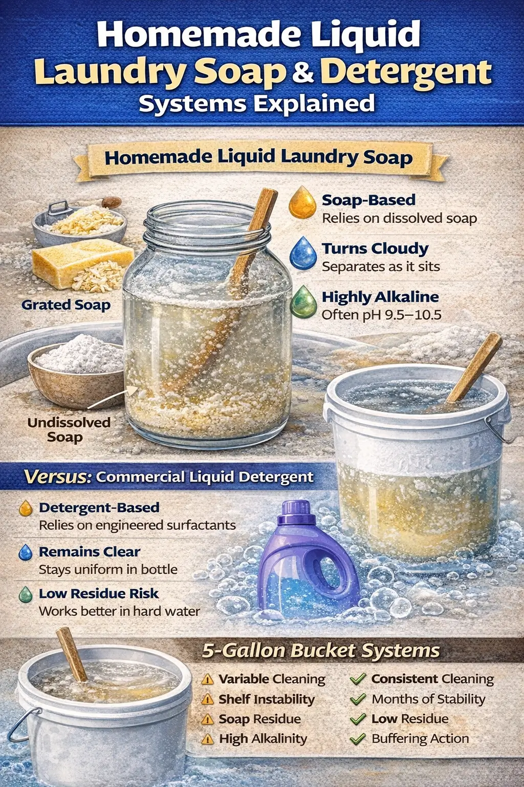 Homemade liquid laundry soap showing cloudy alkaline solution with dissolved soap and suspended solids