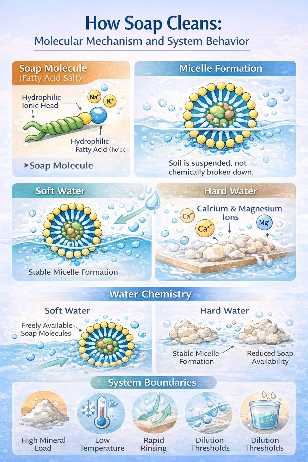 Conceptual diagram showing soap molecules forming micelles around oil and dirt in water