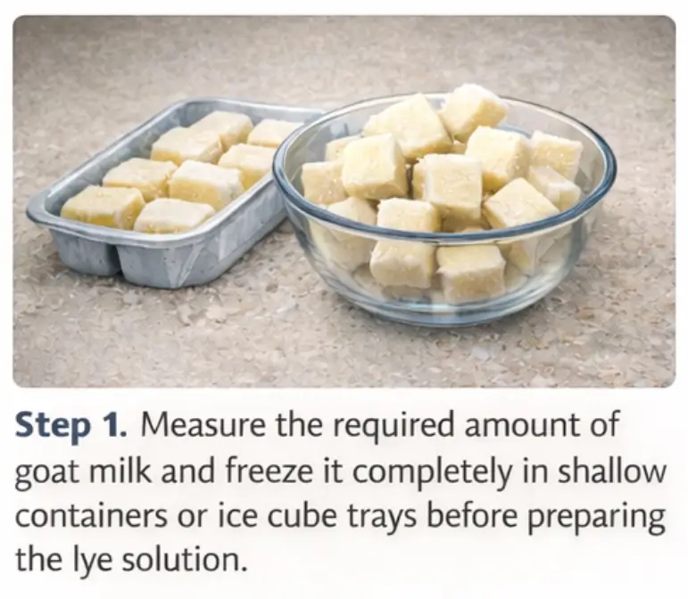 Frozen goat milk measured into cubes before preparing lye solution for cold process soap