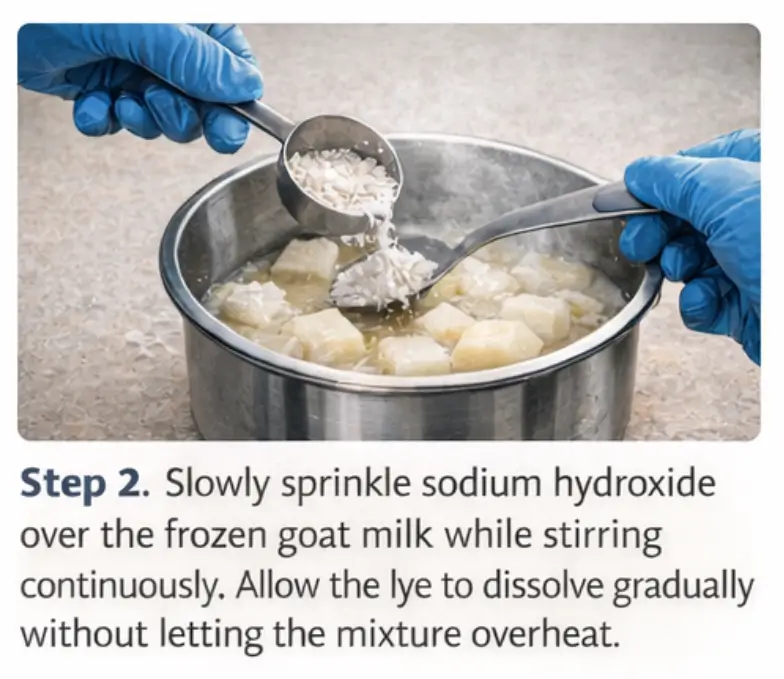 Sodium hydroxide being slowly added to frozen goat milk while stirring in a heat-safe container