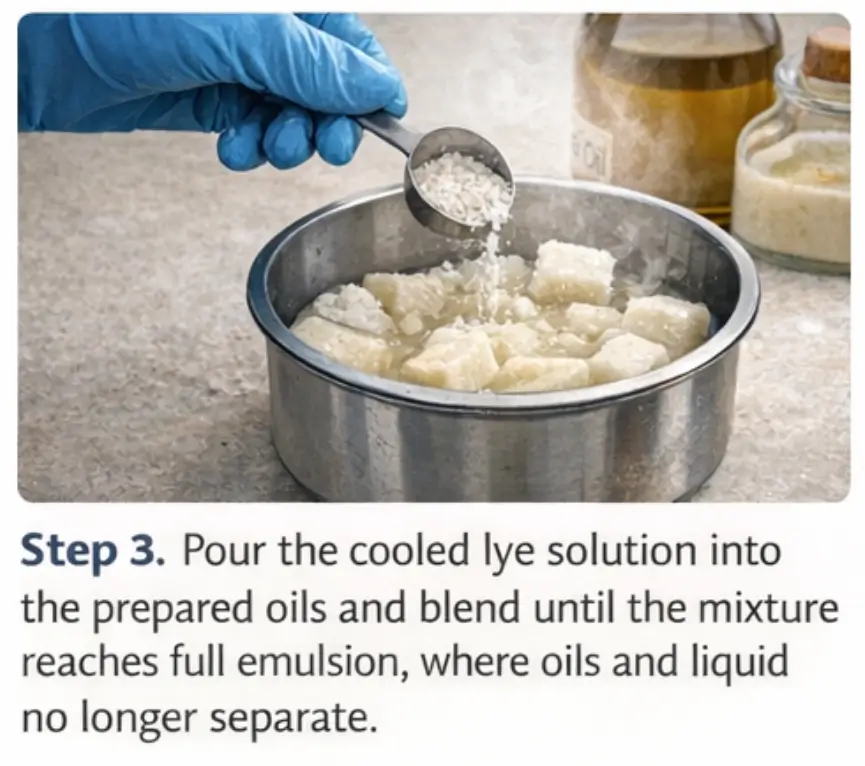 Lye solution poured into prepared oils and blended until stable emulsion forms