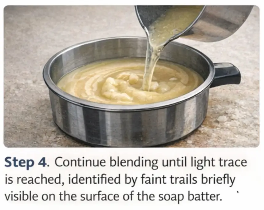 Cold process goat milk soap batter at light trace with thin ribbons visible on surface