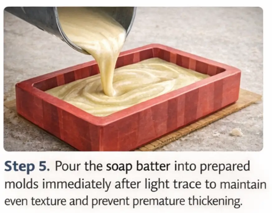 Goat milk soap batter being poured into a rectangular silicone mold