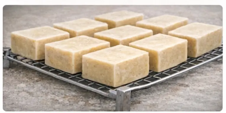Cured goat milk soap bars resting on an open rack for airflow