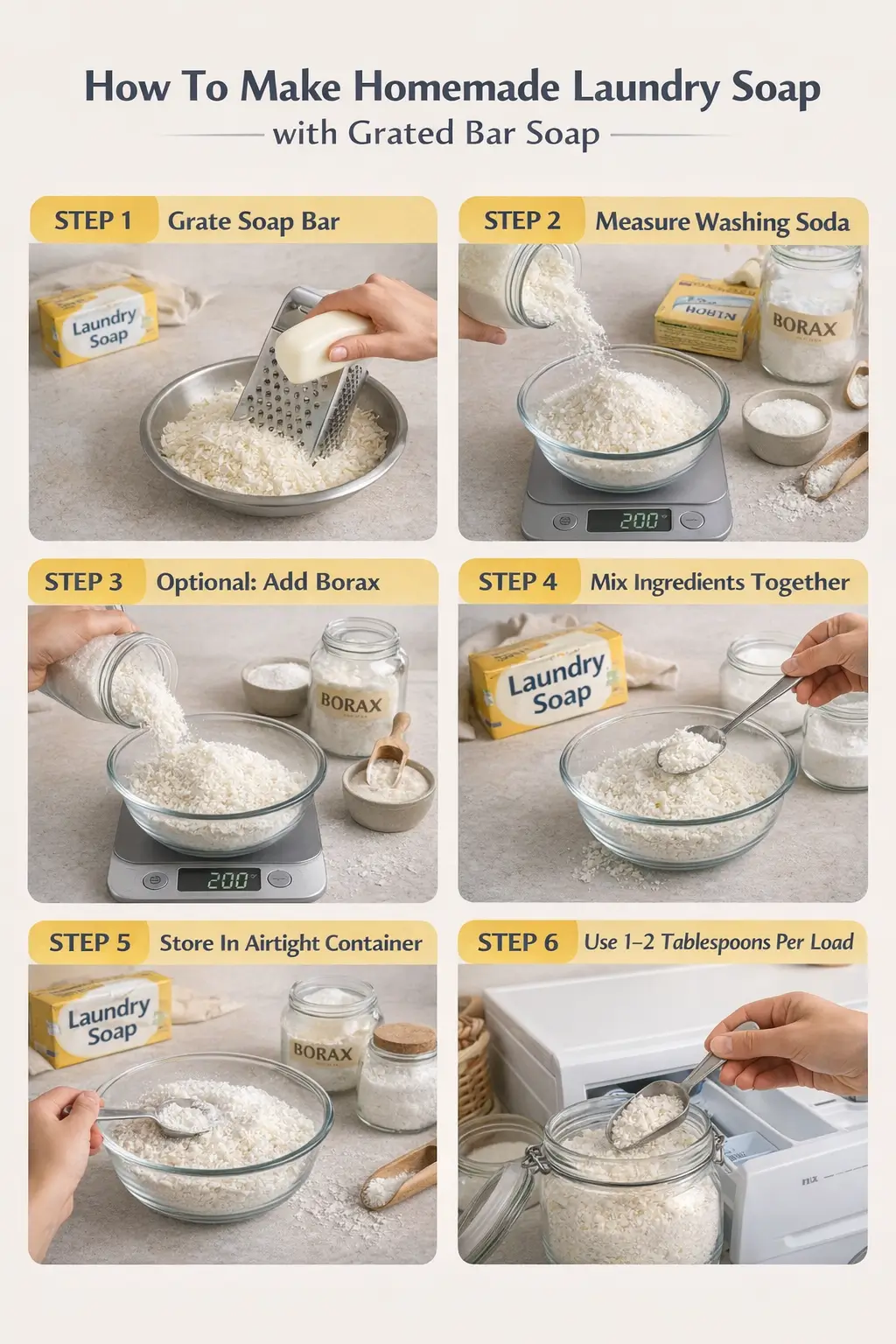 Step-by-step visual guide showing how to make homemade laundry soap using grated bar soap, washing soda, optional borax, mixing, storage, and correct dosage