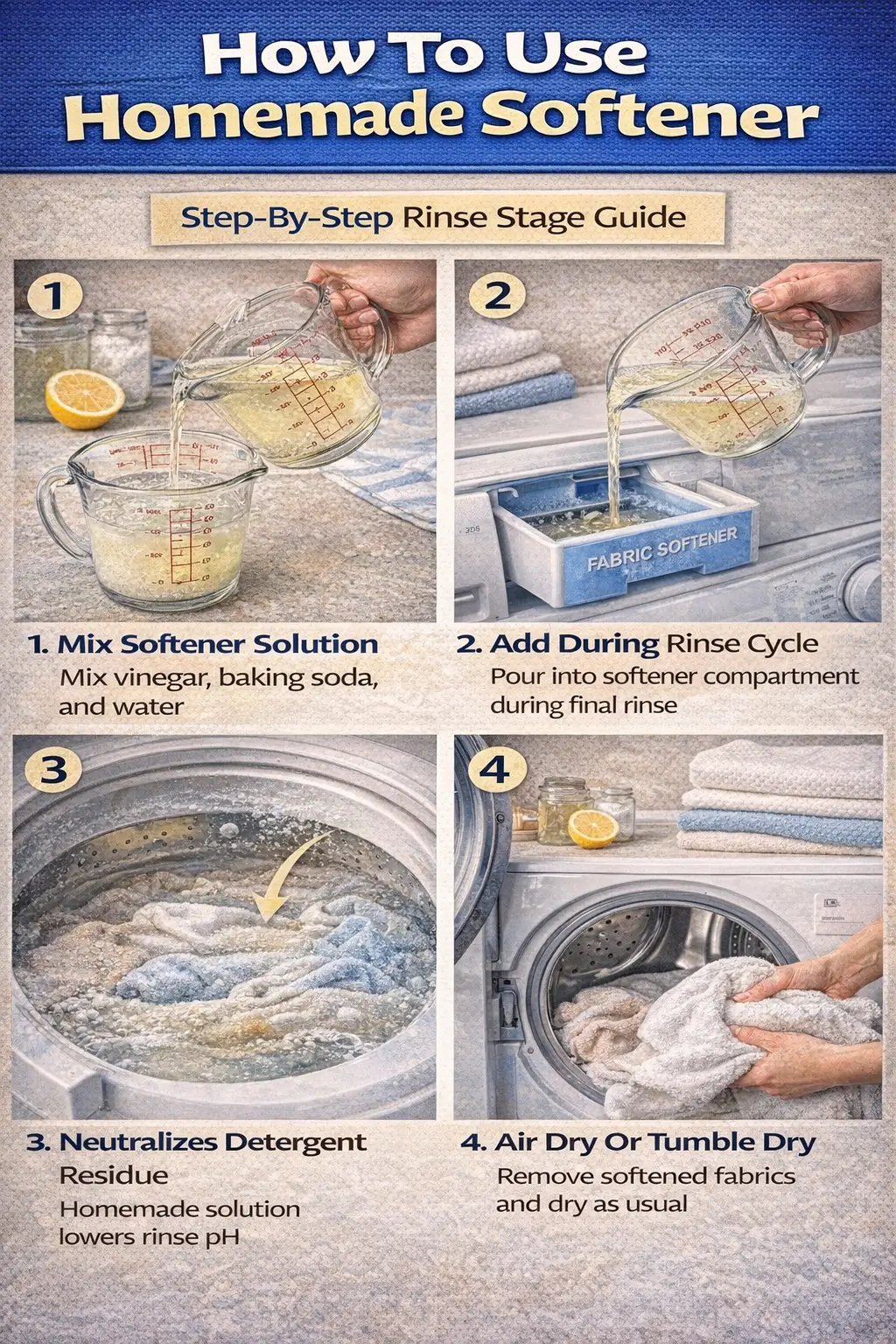 Homemade laundry softener solution being added during the rinse cycle to temporarily improve fabric feel